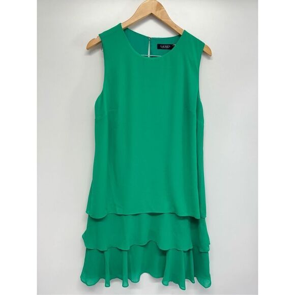 Lauren Ralph Lauren Shift Dress Size 12 Green Round Neck Ruffled NWT - Picture 2 of 13